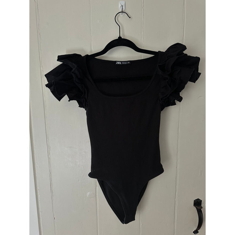 Zara Black Ribbed Ruffle Sleeve Bodice Square Neck Bodysuit Small